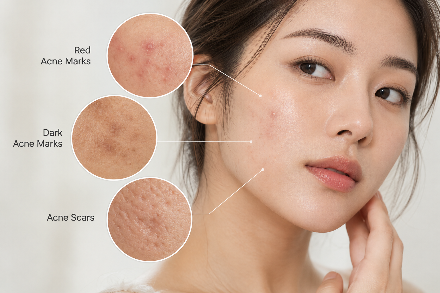 Medical illustration comparing red acne marks, dark pigmentation and depressed acne scars.