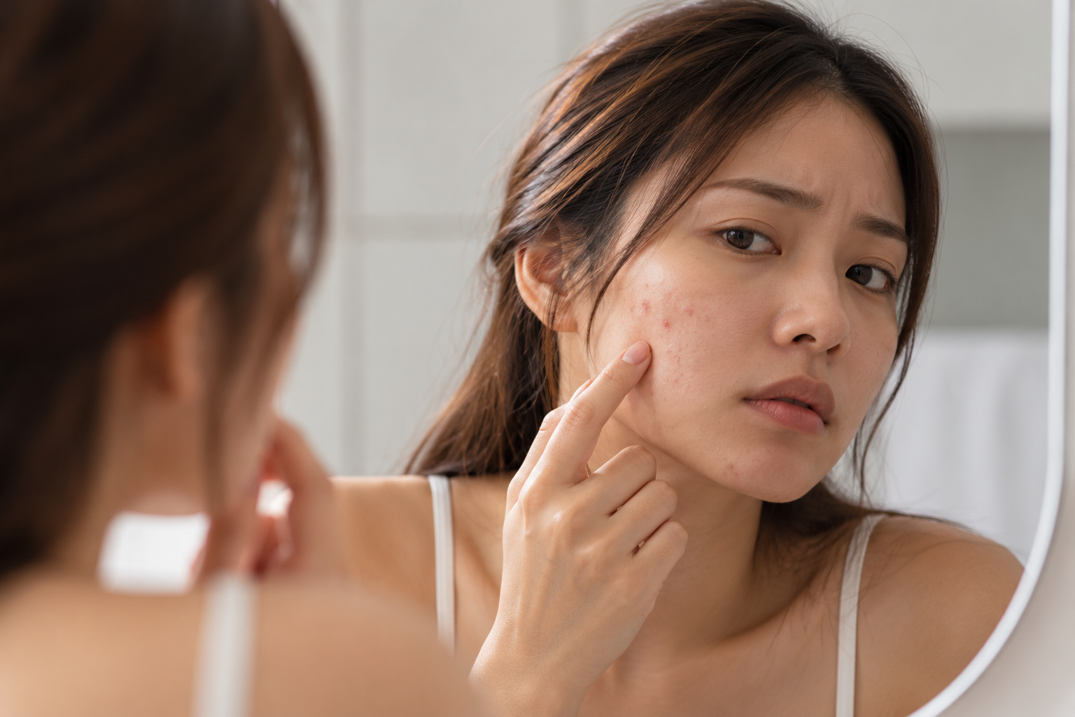 Woman experiencing acne breakouts and blemishes on her cheek.