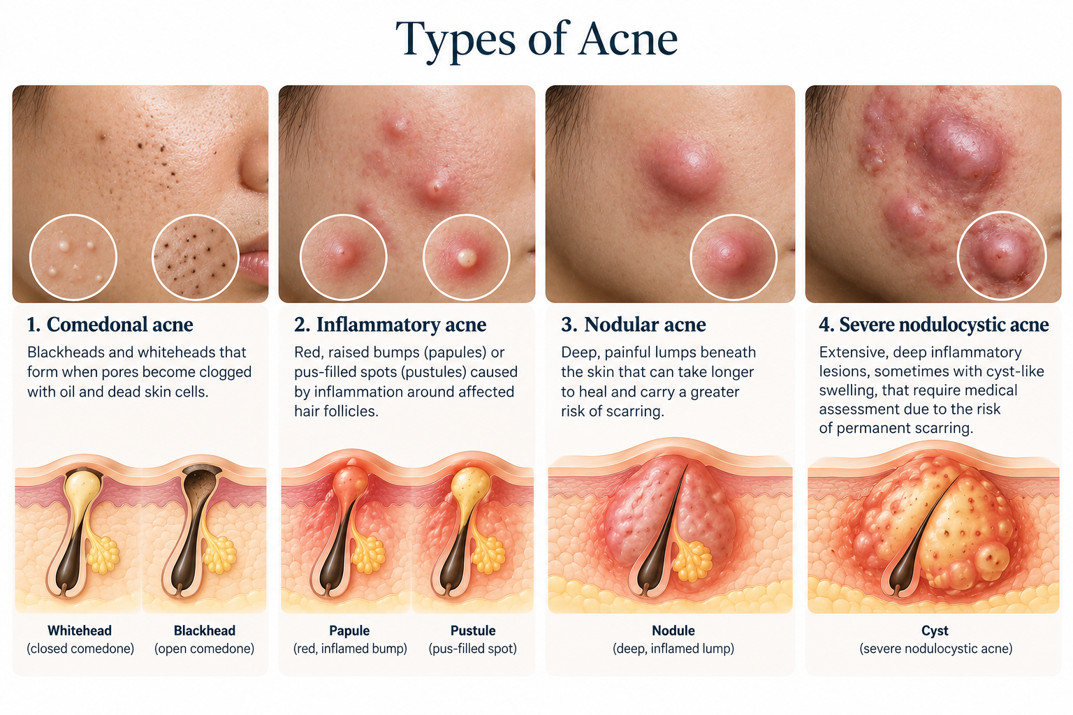 Medical illustration comparing comedonal, inflammatory, nodular and severe nodulocystic acne.